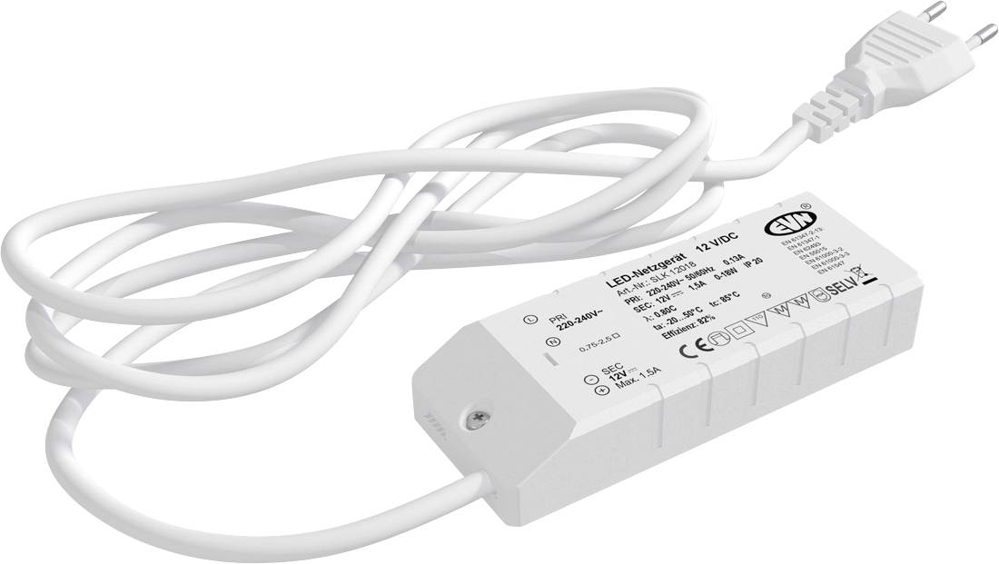 Fehér LED-meghajtó tápegység csatolt kábelekkel és dugóval, egyszerű háttéren megjelenítve.