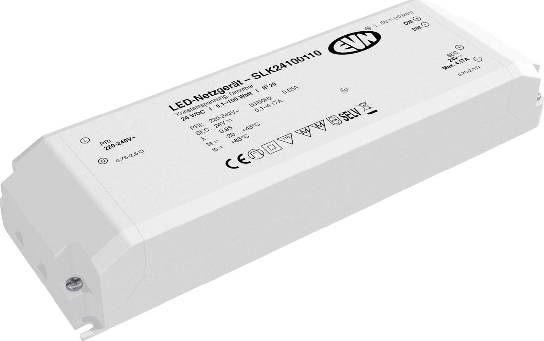Fehér téglalap alakú LED tápegység, amely "LED-Netzgerät" felirattal és NTL logóval van jelölve, termékstílusú fotón fehér háttéren megjelenítve.