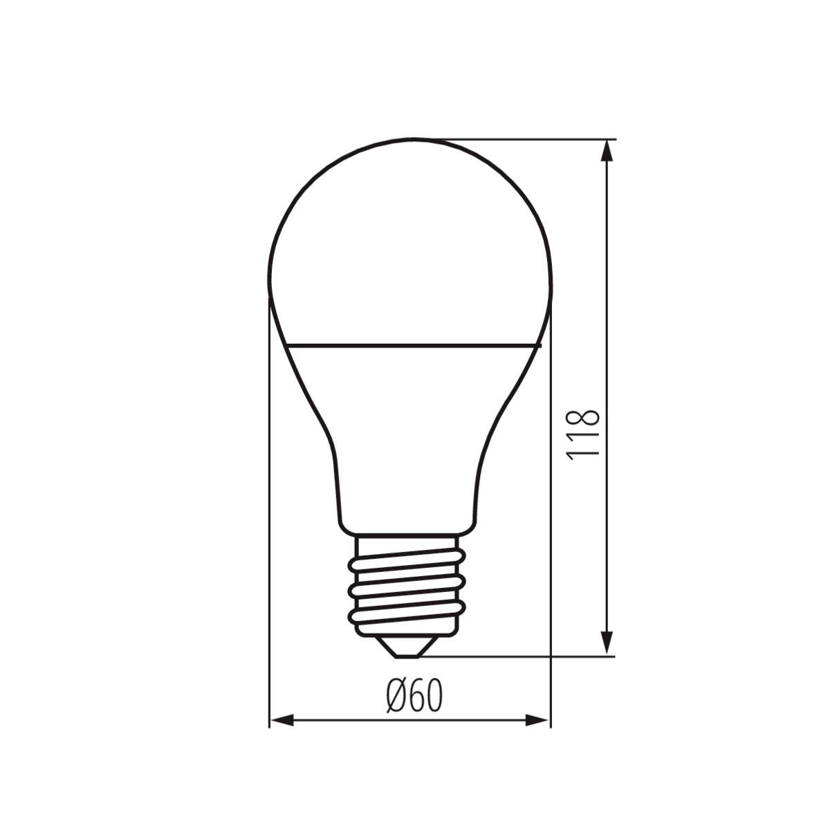 Izzólámpa körvonalai méretekkel: teljes magasság 118 mm, átmérő 60 mm.