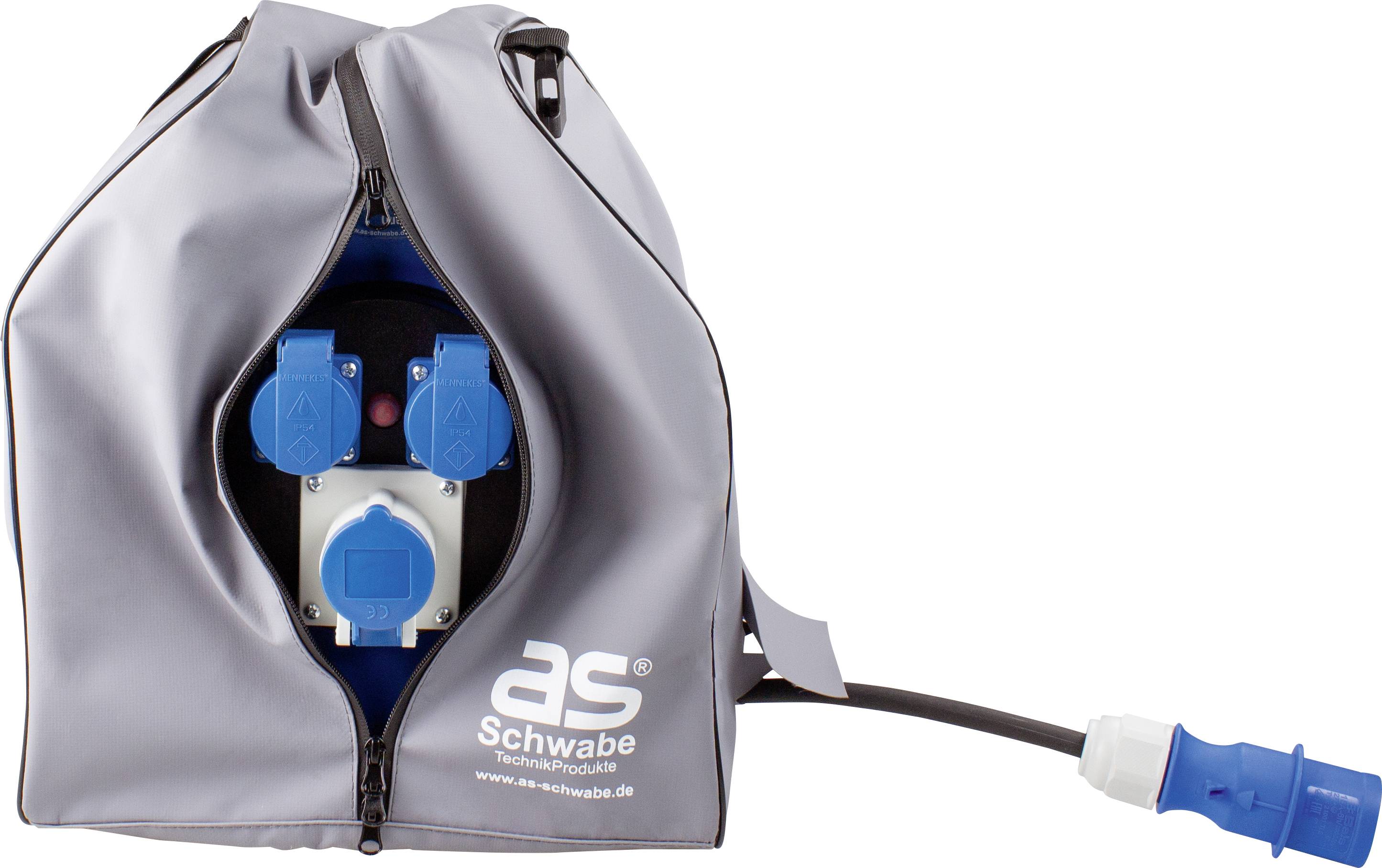 'Szürke táska kék csatlakozókkal és kábelekkel, AS Schwabe logóval, műszaki termékek; alkalmas elektromos szerelési munkákhoz.'