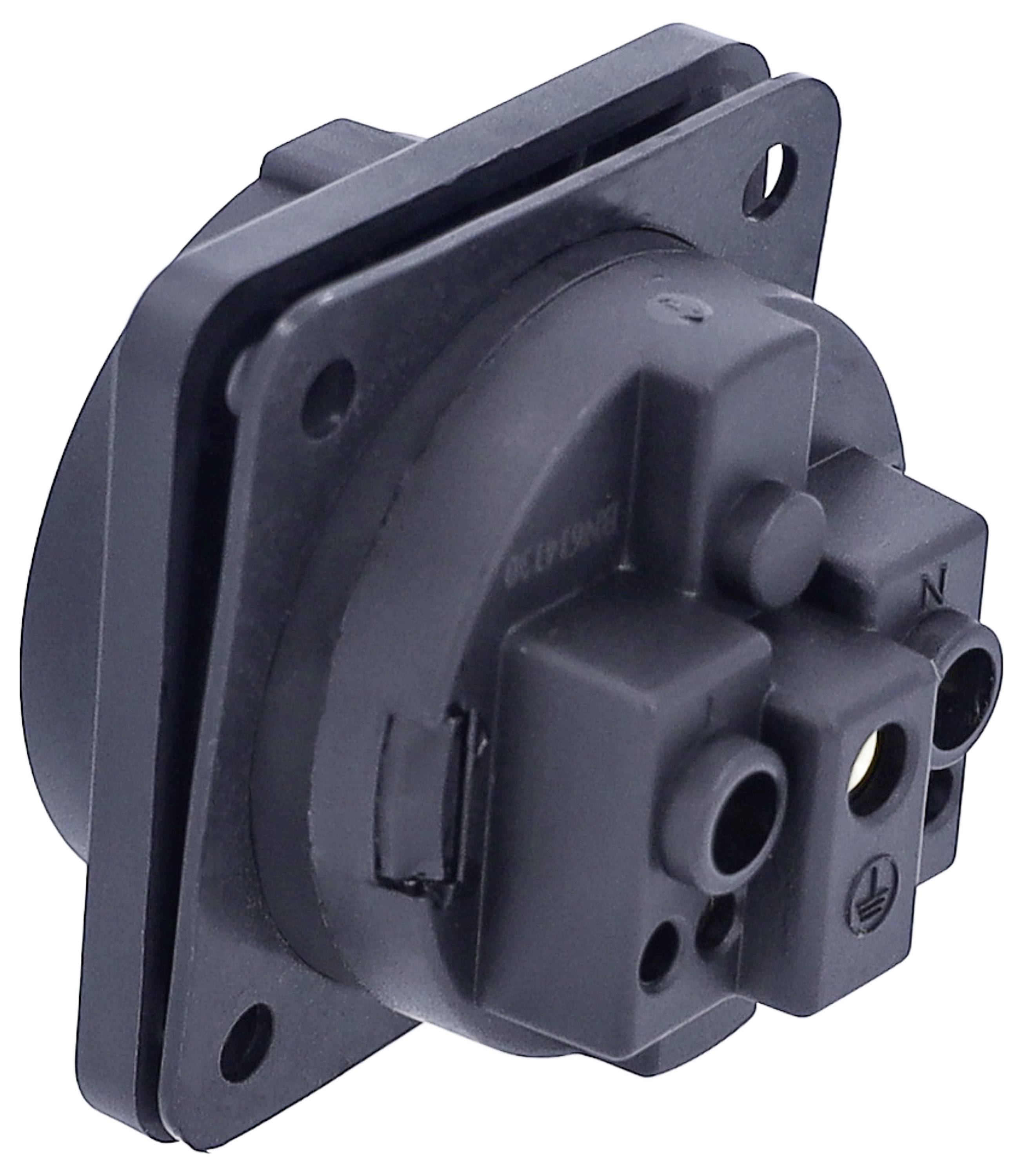 Fekete műanyag aljzat két kerek csatlakozóhellyel és rögzítőelemekkel, oldalra szerelve.