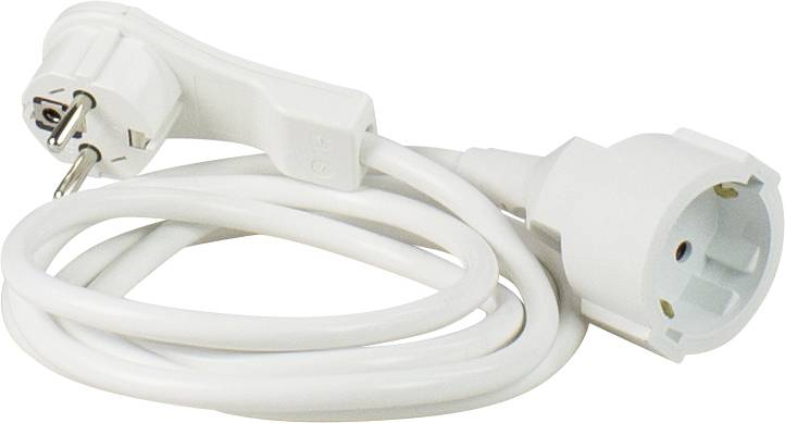 Egy fehér hosszabbító kábel Schuko-dugvillával és Schuko-aljzattal, feltekert állapotban bemutatva.
