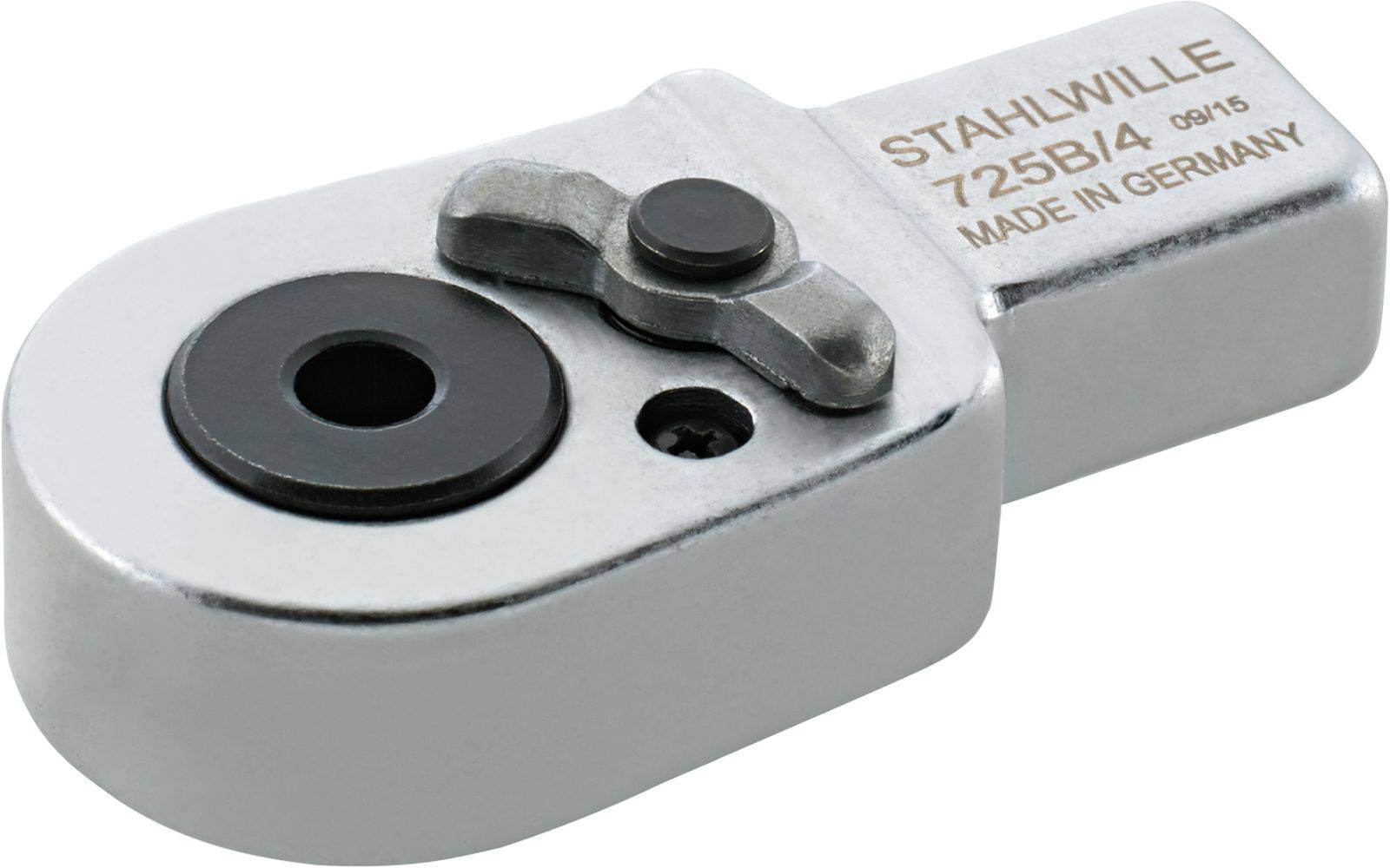 Egy ezüstszínű, kompakt adapter a Stahlwille-től, amelyen a 'STAHWILLE 725B/4 MADE IN GERMANY' felirat szerepel, szerszámokhoz alkalmazható.