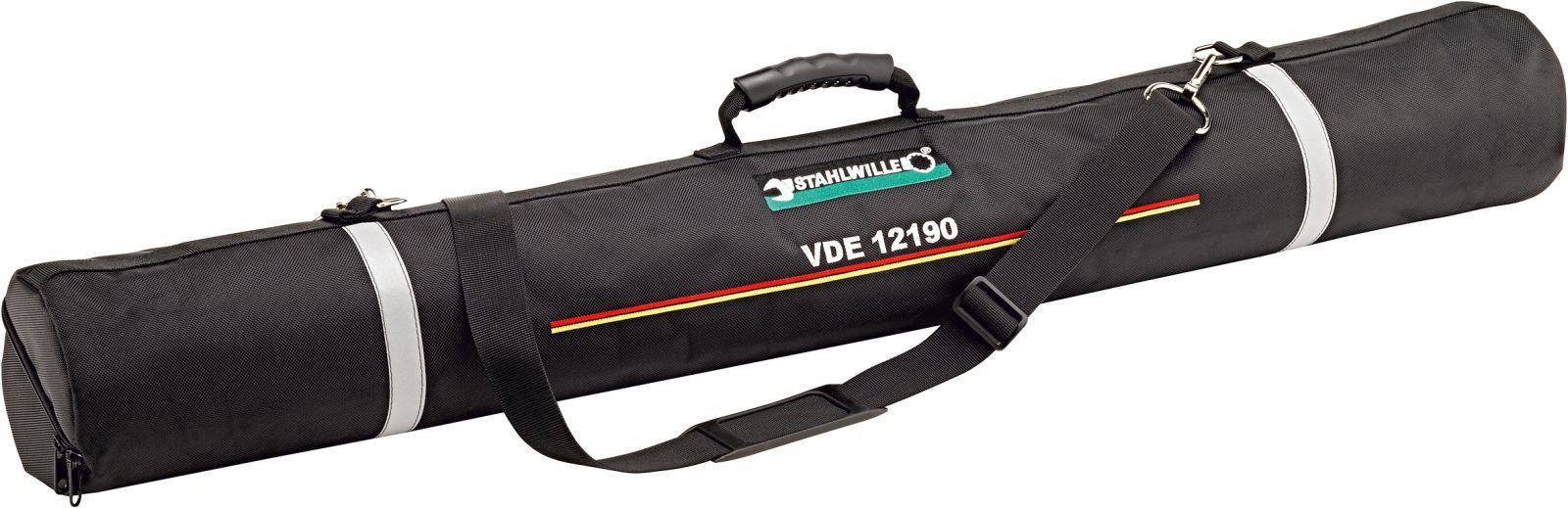 Fekete táska fogantyúval és vállpánttal, nyomtatott 'VDE 12190' felirattal. Alkalmas hosszú, keskeny tárgyak szállítására.