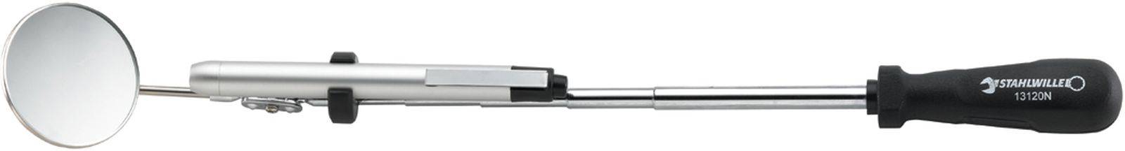 Egy teleszkópos vizsgálótükör fekete fogantyúval és kerek tükörfelülettel a végén. Kiváló eszköz nehezen hozzáférhető helyek ellenőrzéséhez.