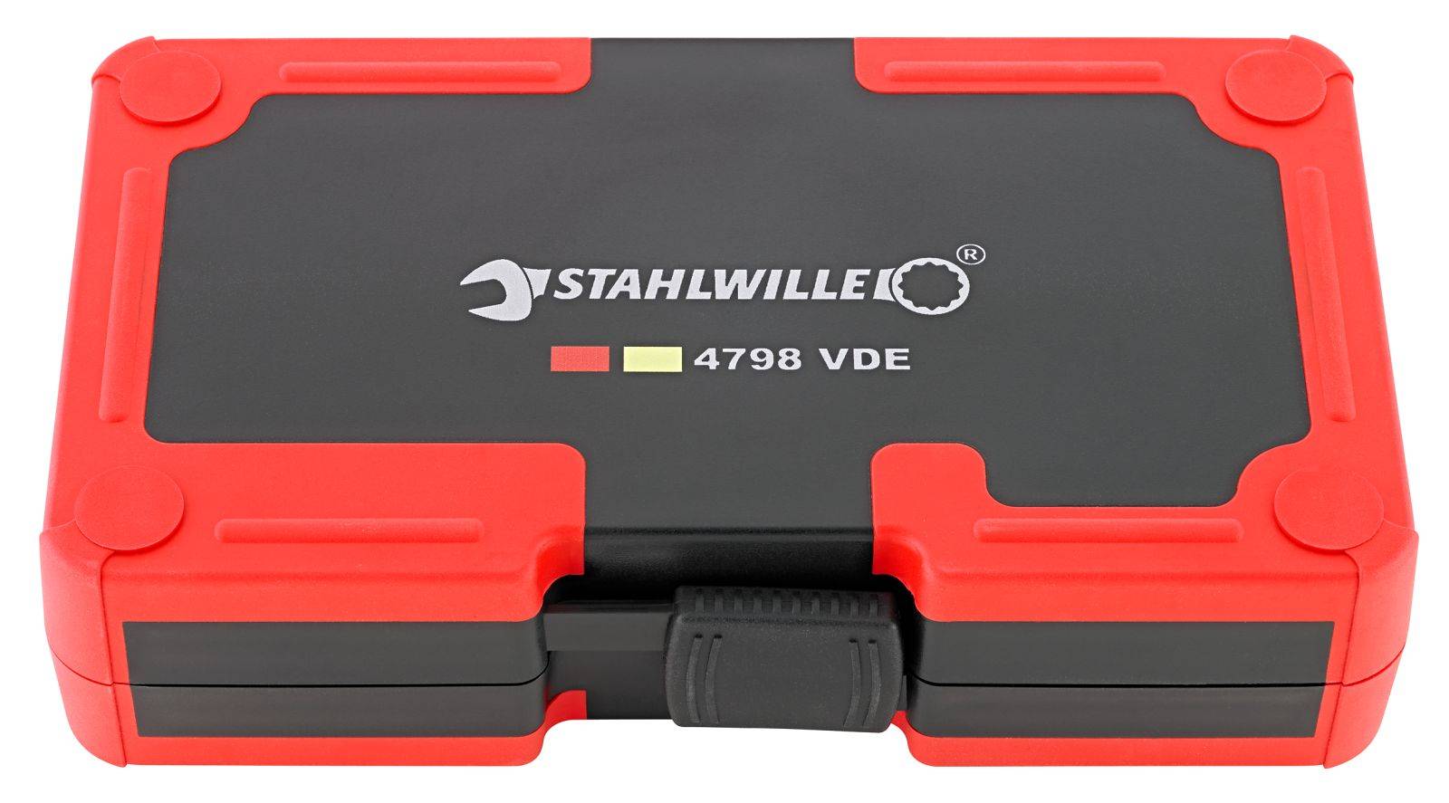 Egy STAHLWILLE márkájú, fekete, piros sarkú, '4798 VDE' feliratú zárt szerszámkoffer.