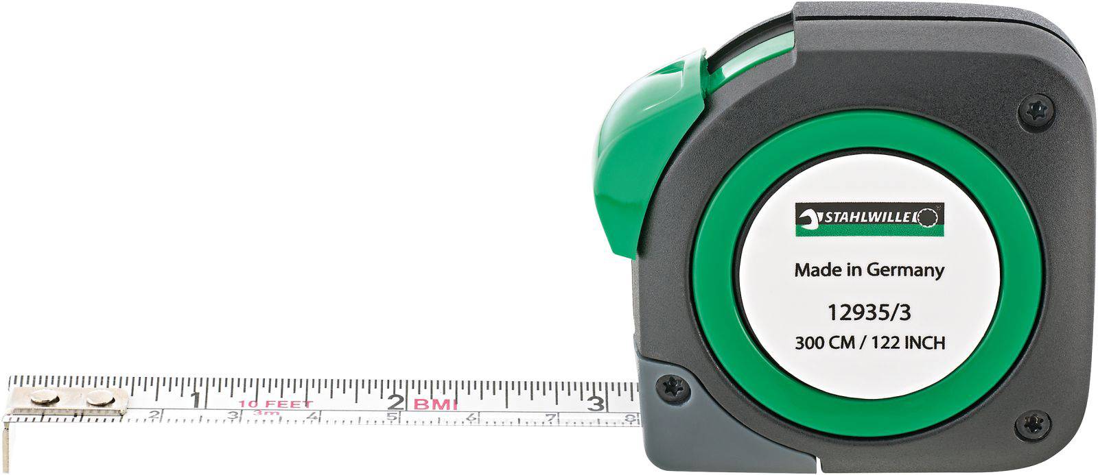 Egy zöld mérőszalag Stahlwille márkától, amely 300 cm, azaz 122 hüvelyk hosszúságú. Németországban gyártva.