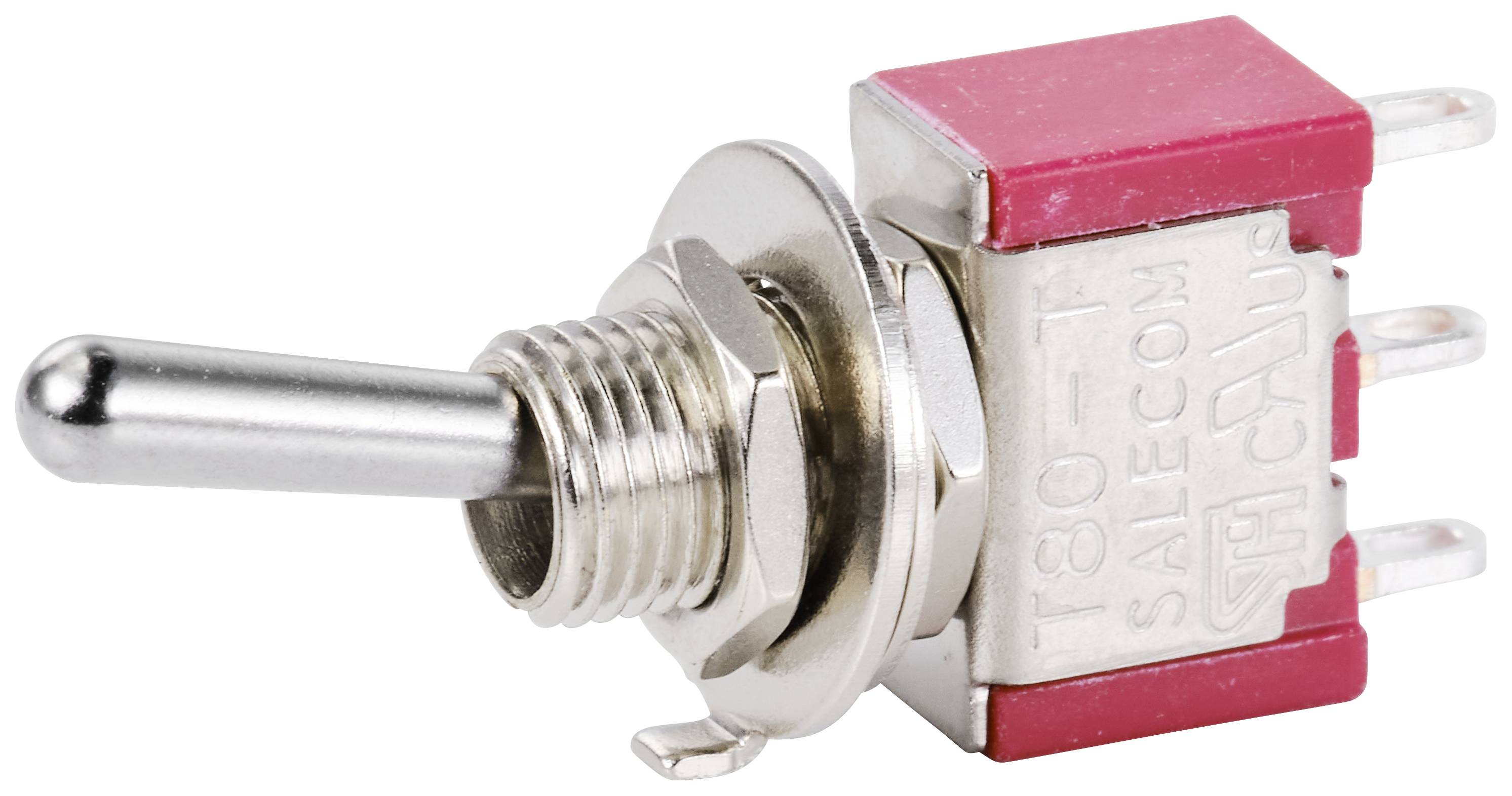 Fém házas billenőkapcsoló piros műanyag burkolattal és három fémcsatlakozóval elektronikai alkalmazásokhoz.