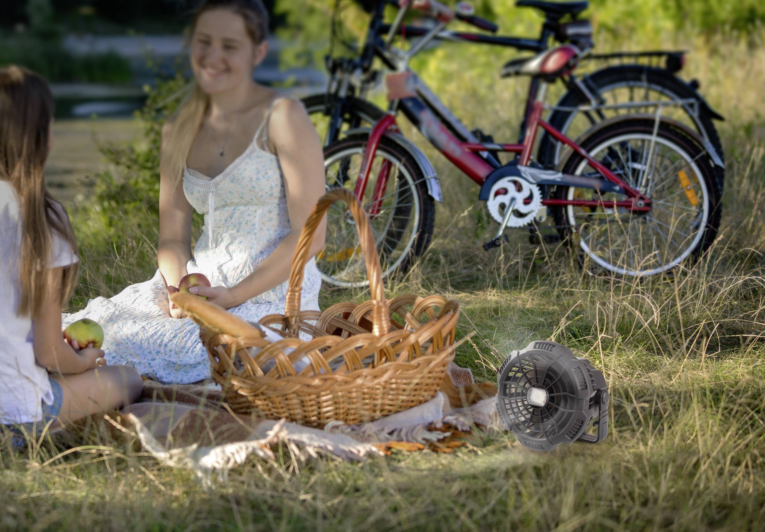 Két ember ül egy takarón a parkban, egy piknikoskorséval. A háttérben kerékpárok állnak.