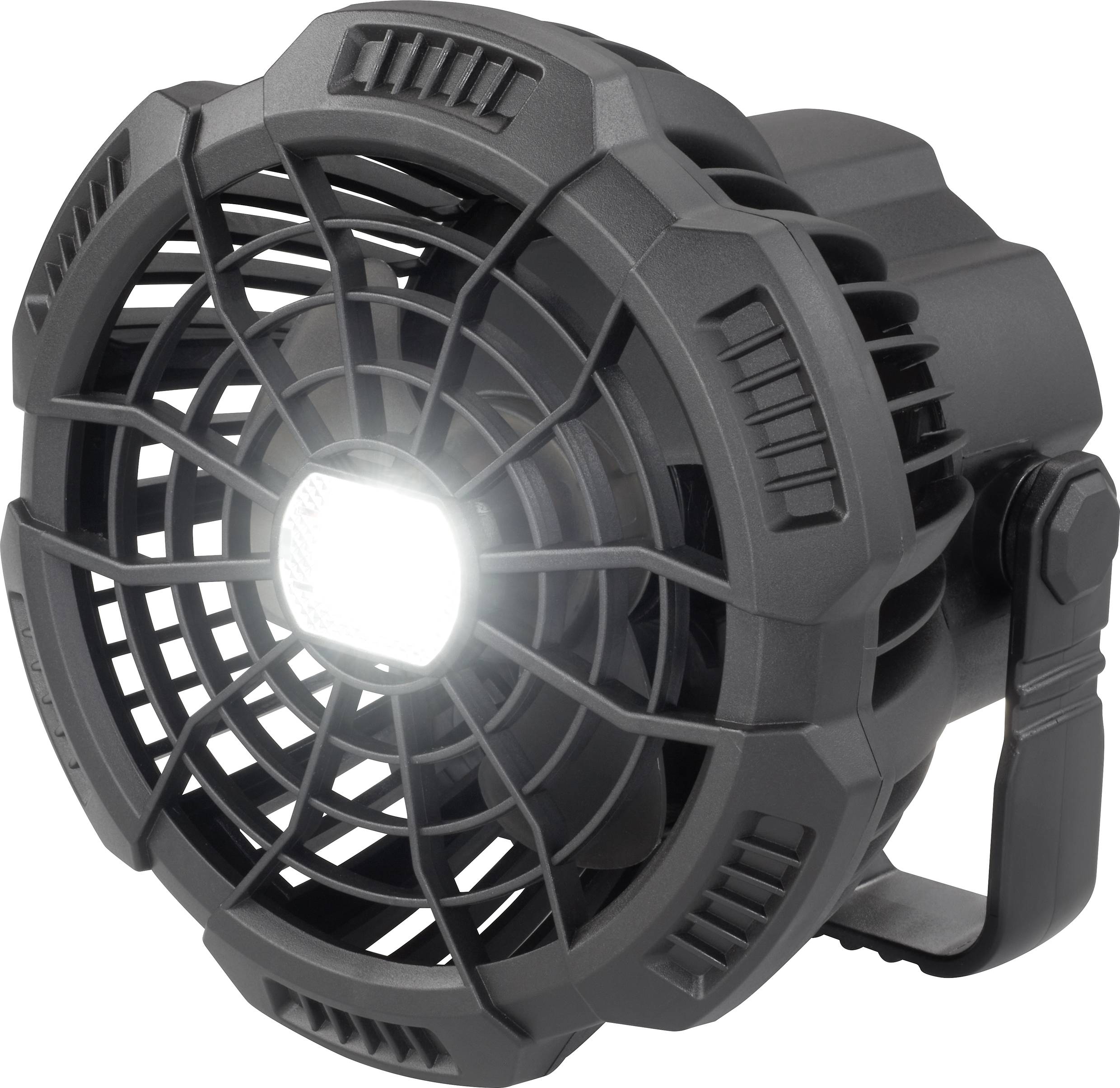 Hordozható LED-reflektor erős házban és fogantyúval, amely fényesen világít sötét környezetben.