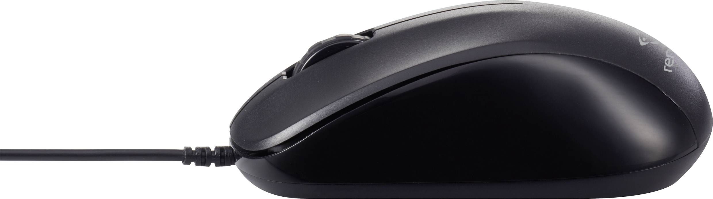Fekete, vezetékes számítógépes egér oldalnézetben, görgővel. Fehér háttéren bemutatva.