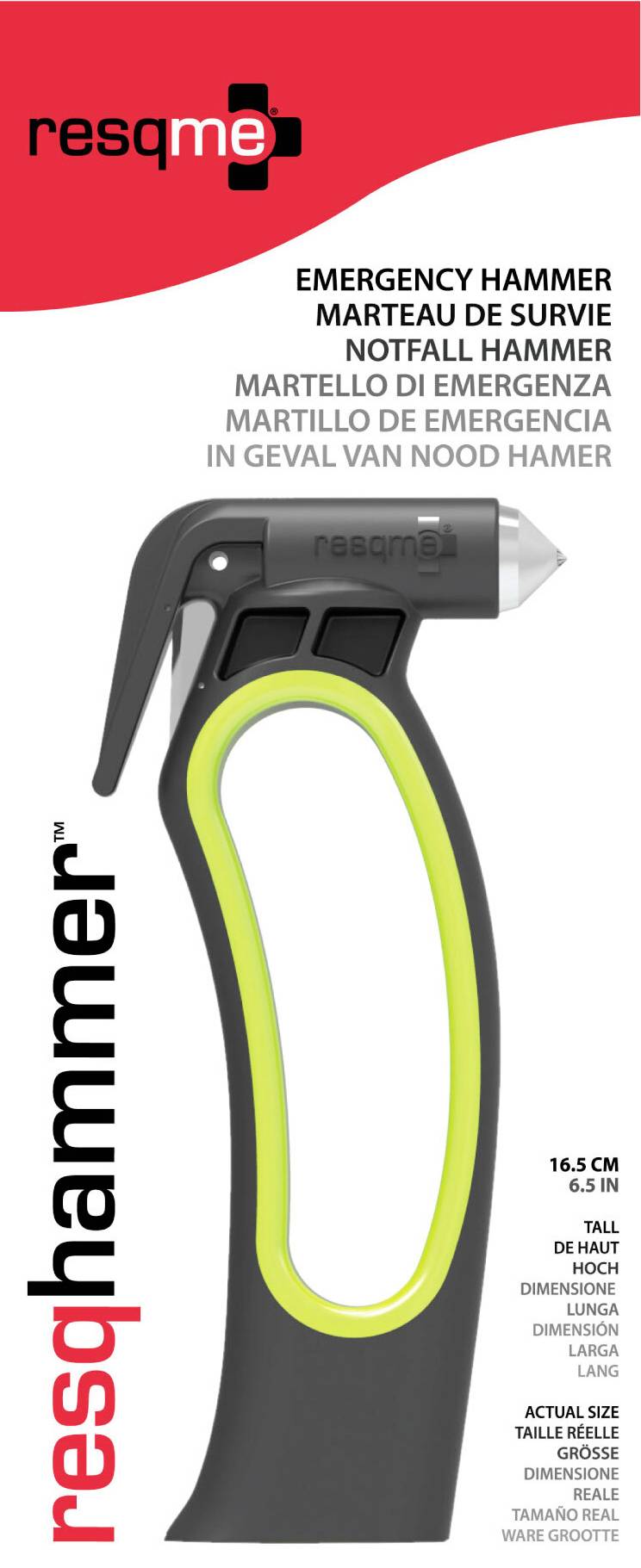 Vészkalapács (Rescue hammer). 16,5 cm, kompakt kivitel vészhelyzetekre. Övvágó pengékkel felszerelve. Többnyelvű leírás.