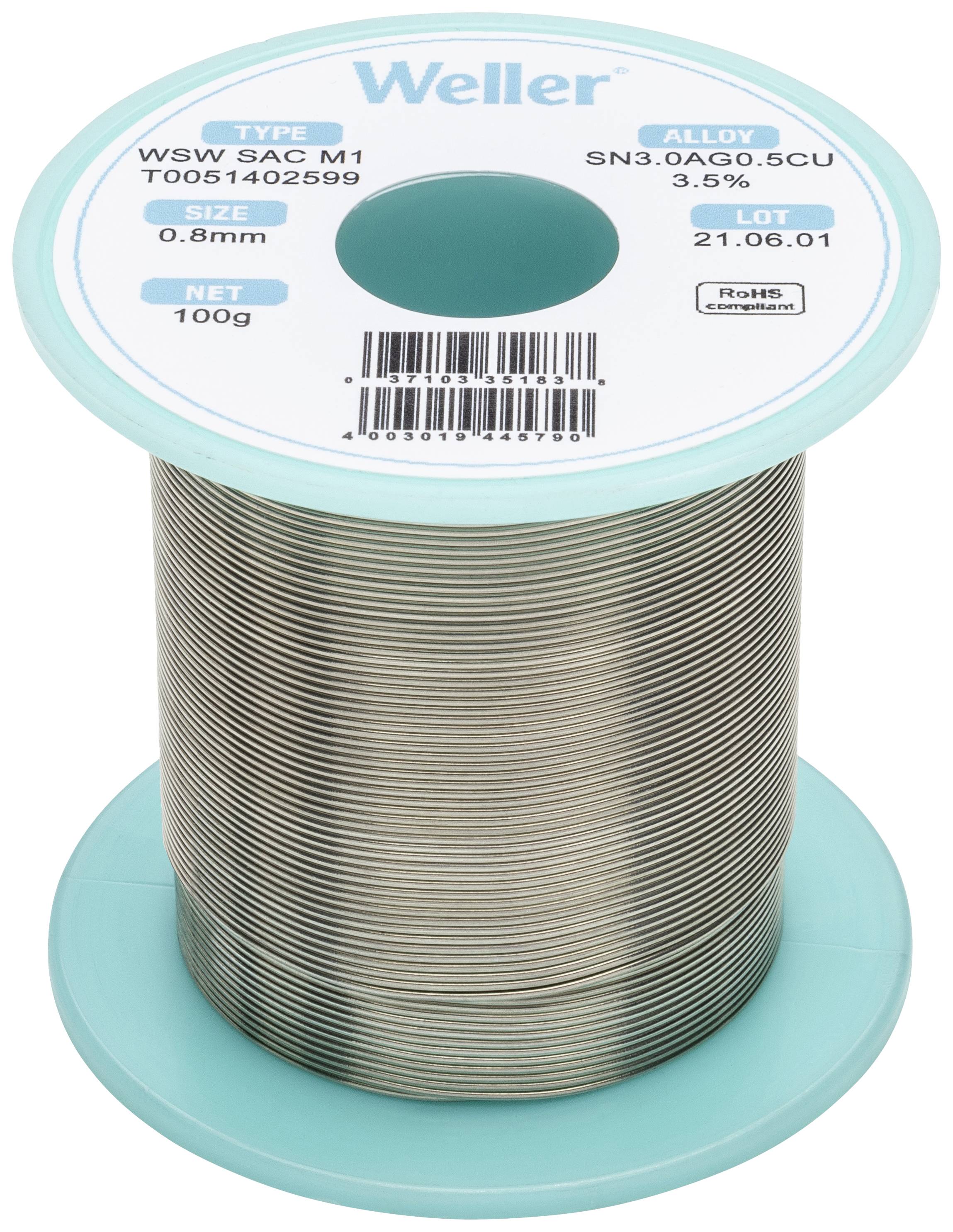 Weller márka forrasztóhuzal, WSW SAC M1 modell, 0,8 mm átmérő, 100 g, SN3.0AG0.5CU ötvözet, gyártva: 2001.06.21.