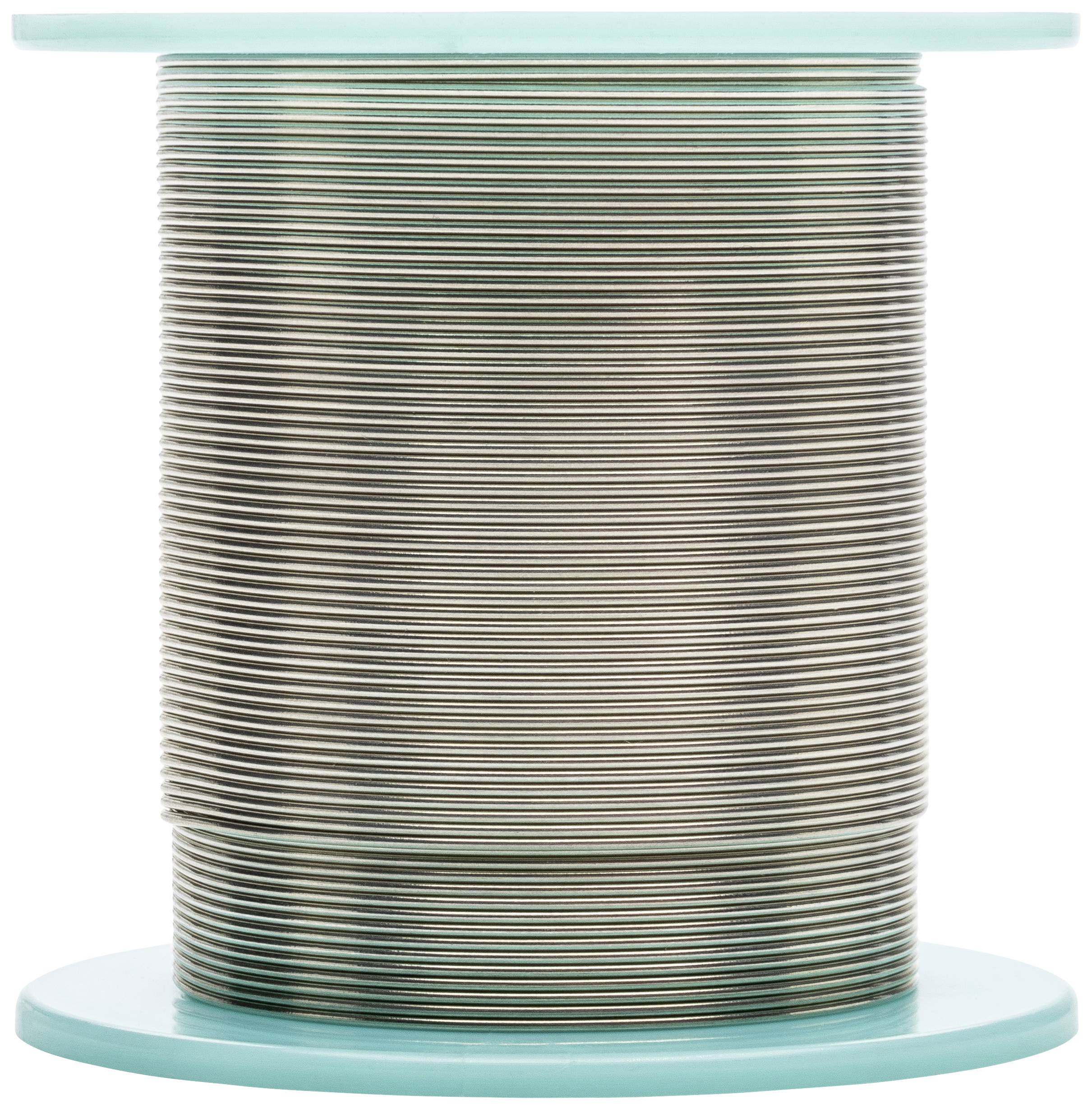 Egy nagy tekercs ezüstös dróttal, amelyet mindkét oldalán kék műanyag korongok fognak közre.