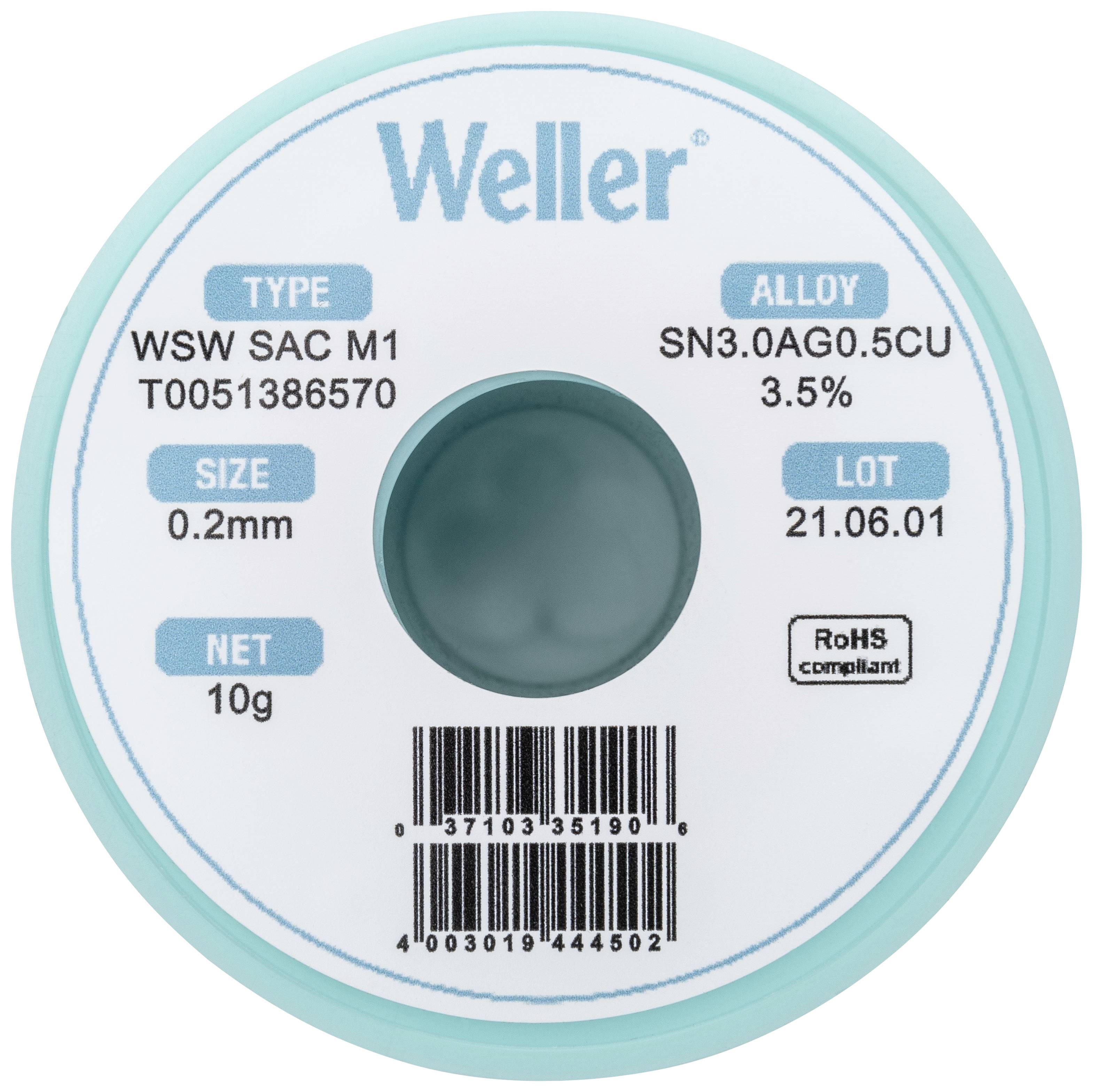 Weller márkájú forrasztóón tekercs, WSW SAC M1 típus, SN3.0AG0.5CU ötvözet, 0,2 mm átmérő, 10 g súly, RoHS-kompatibilis.