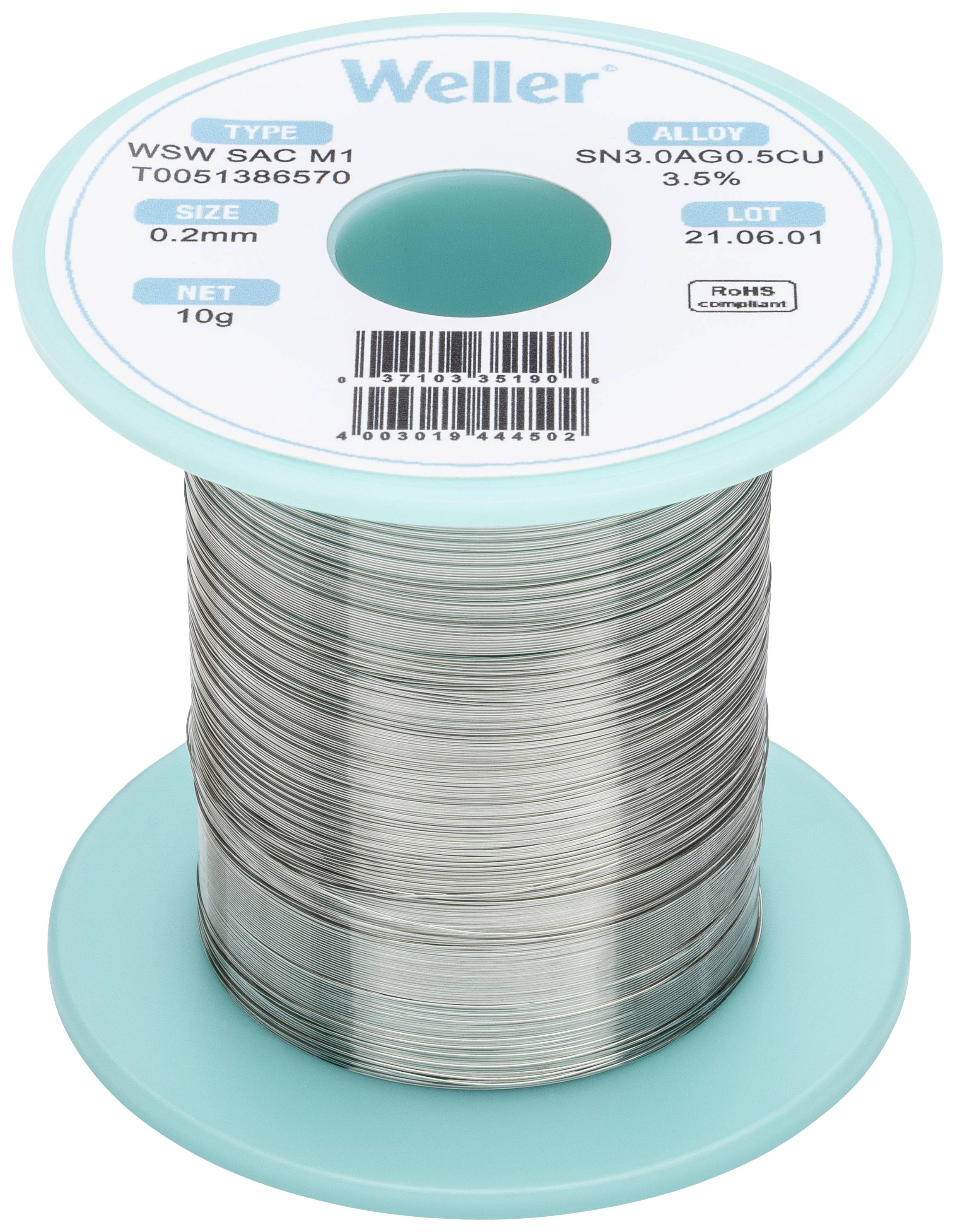 Weller forrasztóhuzal, WSW 3AC M1 típus, SN3.0AG0.5CU 3.5% ötvözet, 0,2 mm átmérővel és 10 g súllyal, LOT 21.06.01.