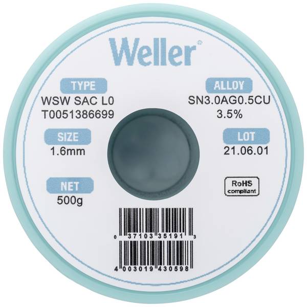 Weller T0051386699 Forrasztóón, ólommentes Tekercs, Ólommentes Sn3,0Ag0,5Cu  500 g 1.60 mm