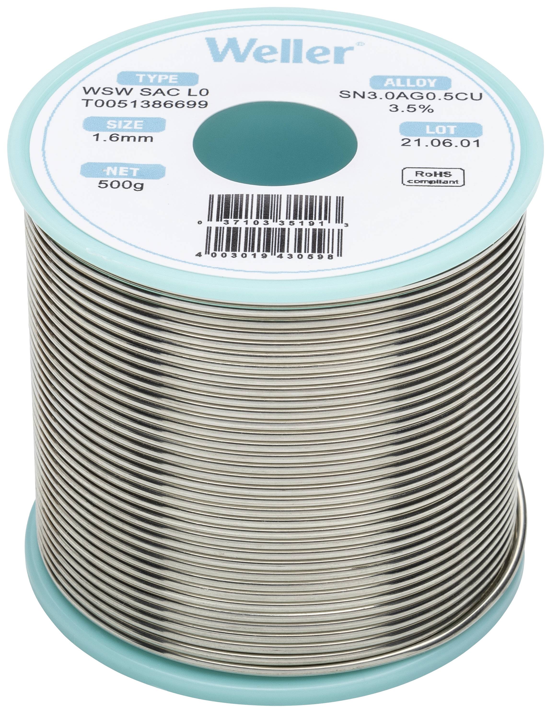Weller forrasztóhuzal, WSW SAC L0 típus. Ötvözet SN3.0AG0.5CU, átmérő 1,6 mm, nettó tömeg 500 g.