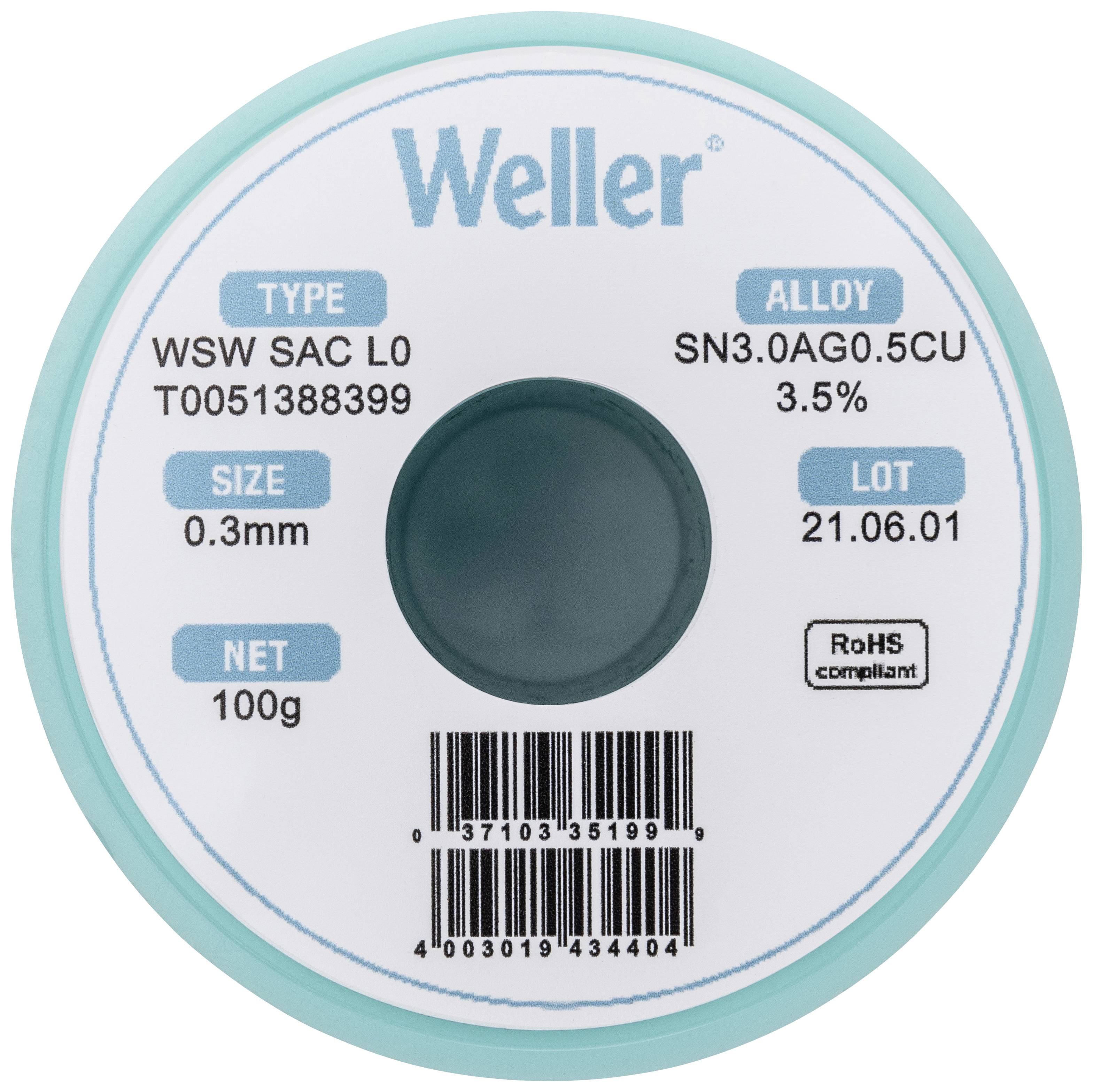 Weller márkájú forrasztóhuzal-tekercs. Típus: WSW SAC L0. Ötvözet: SN3.0AG0.5CU, 3,5%. Méret: 0,3mm. Nettó tömeg: 100g. RoHS-kompatibilis.