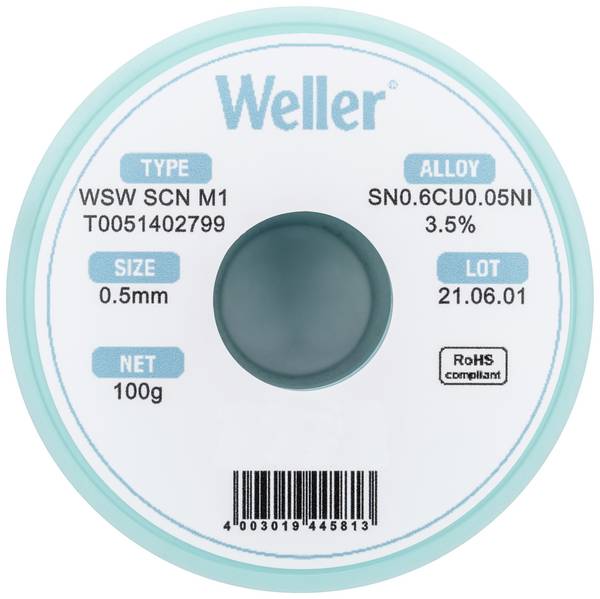 Weller T0051402799 Forrasztóón, ólommentes Ólommentes, Tekercs Sn0,6Cu0,05Ni  100 g 0.50 mm