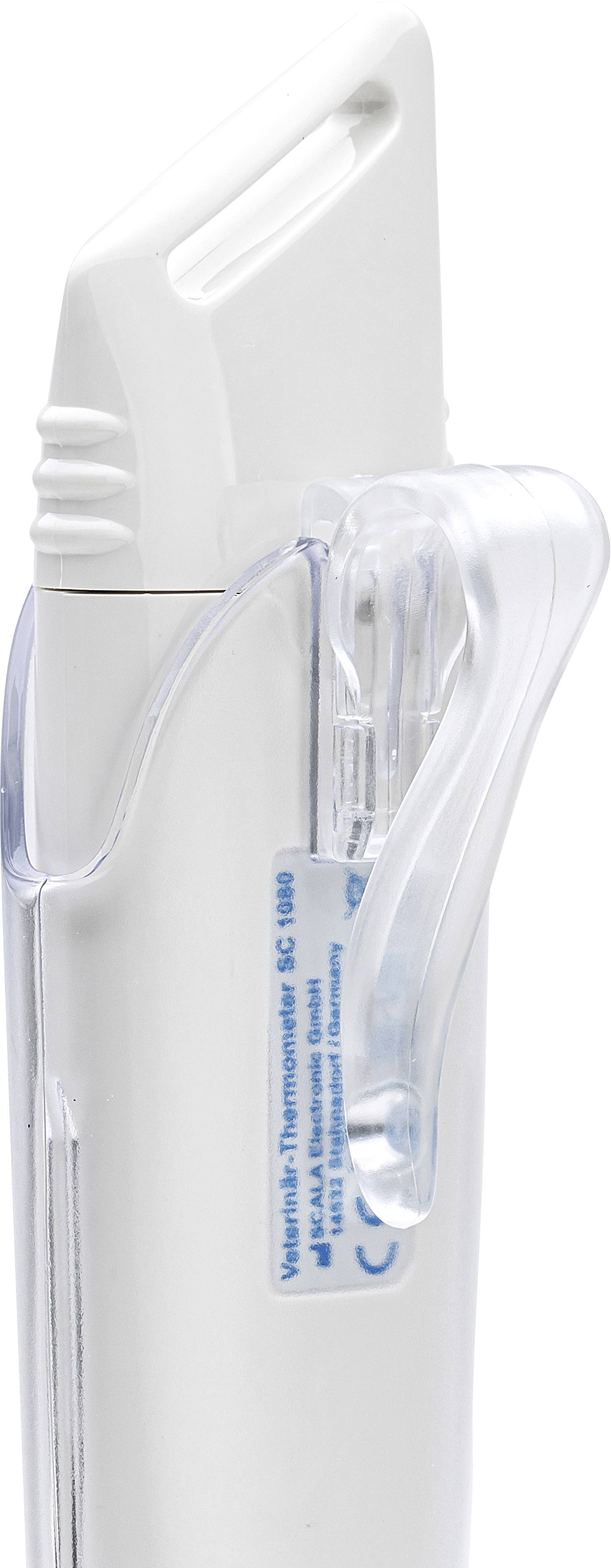 Egy fehér műanyag házban lévő elektronikus állatorvosi hőmérő átlátszó védőtokkal, oldalnézetben.