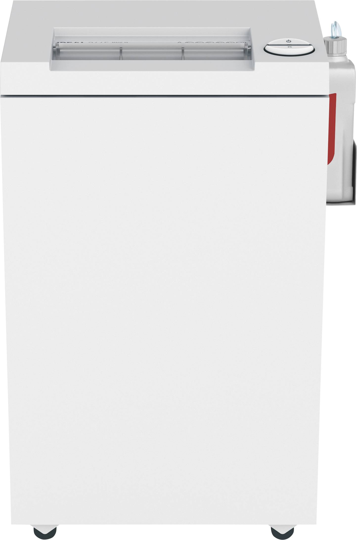 Fehér irodai iratmegsemmisítő szürke betöltő nyílással felül, kerekeken rögzítve.