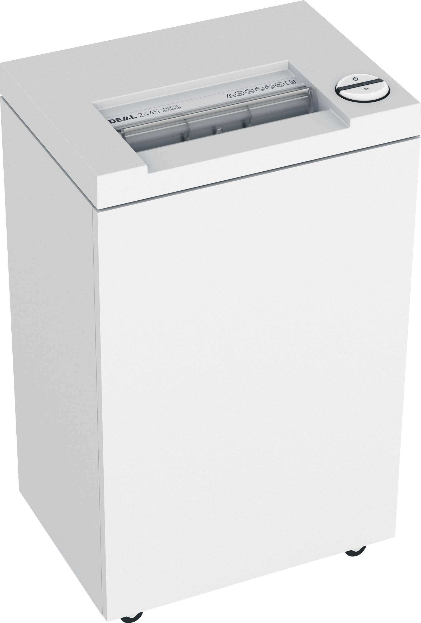 Egy fehér iratmegsemmisítő, amelynek felül papíradagolója van. Kerekeken áll, és egyszerű, téglalap alakú.