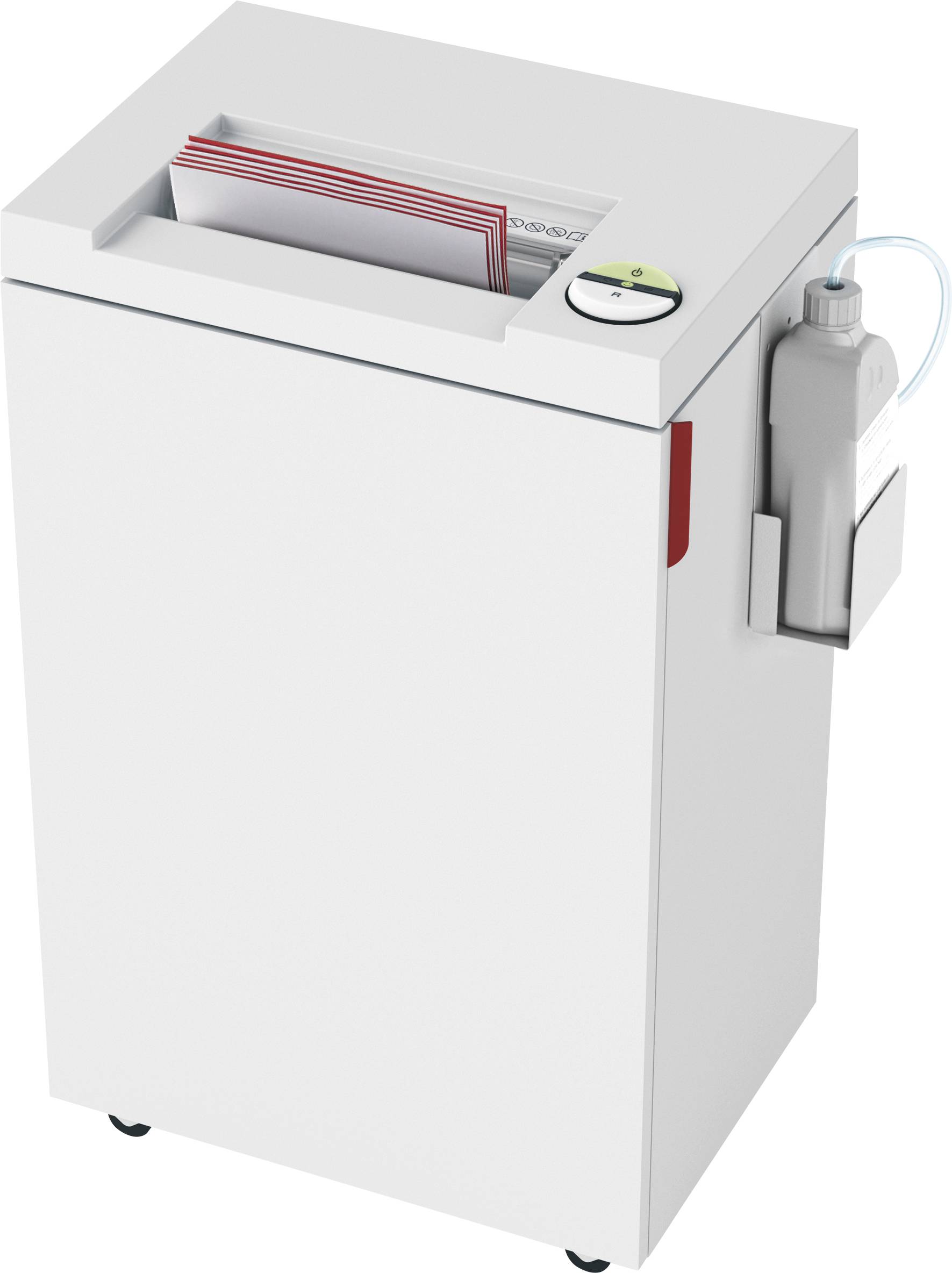 Iratmegsemmisítő behelyezett dokumentumokkal és a karbantartáshoz integrált folyadékpalackkal. Kisméretű kerekeken áll a mobilitás érdekében.