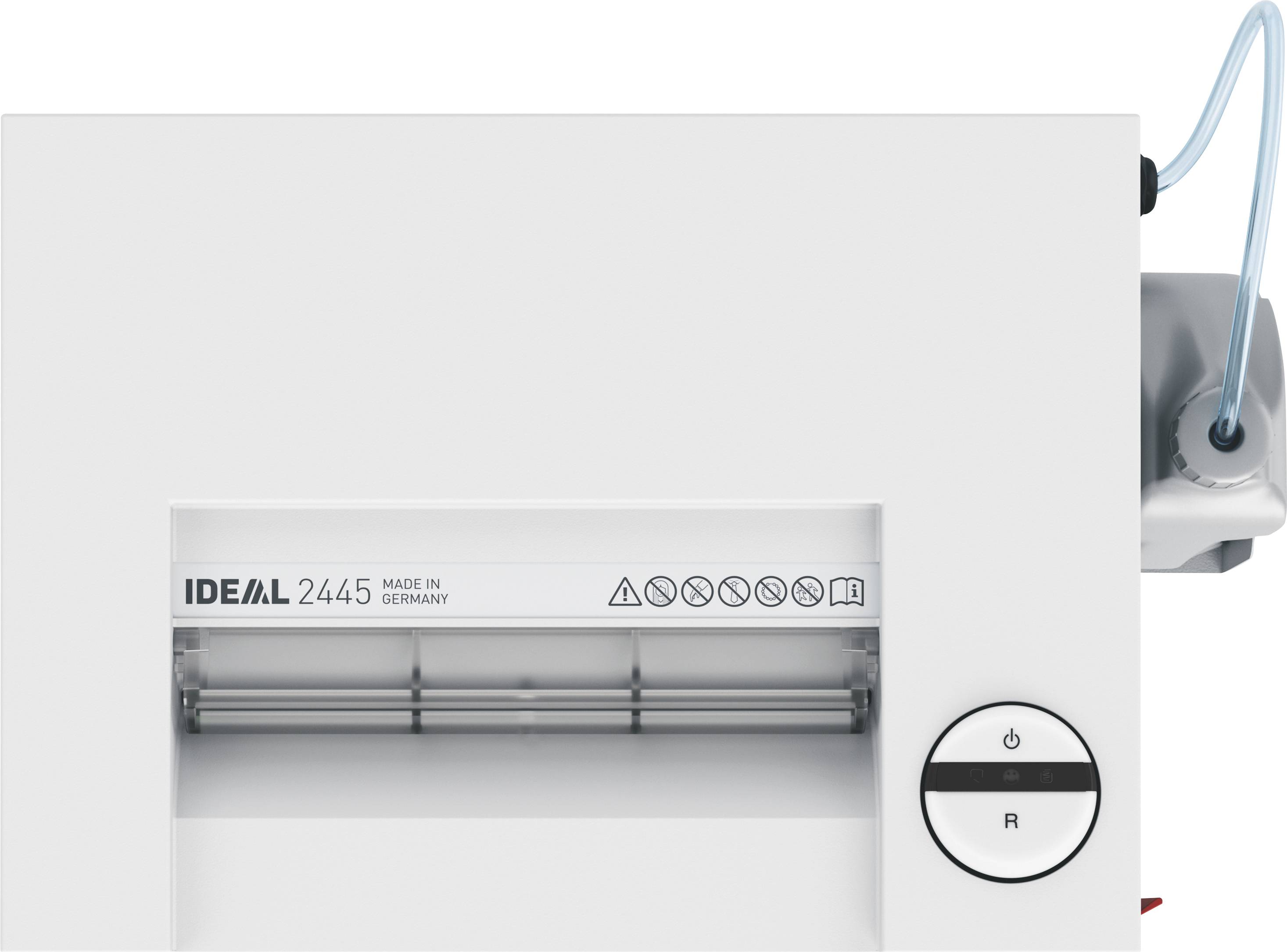 Egy 'IDEAL 2445' típusú iratmegsemmisítő, kezelőszervekkel a jobb oldalán és biztonsági figyelmeztetésekkel egy címkén.