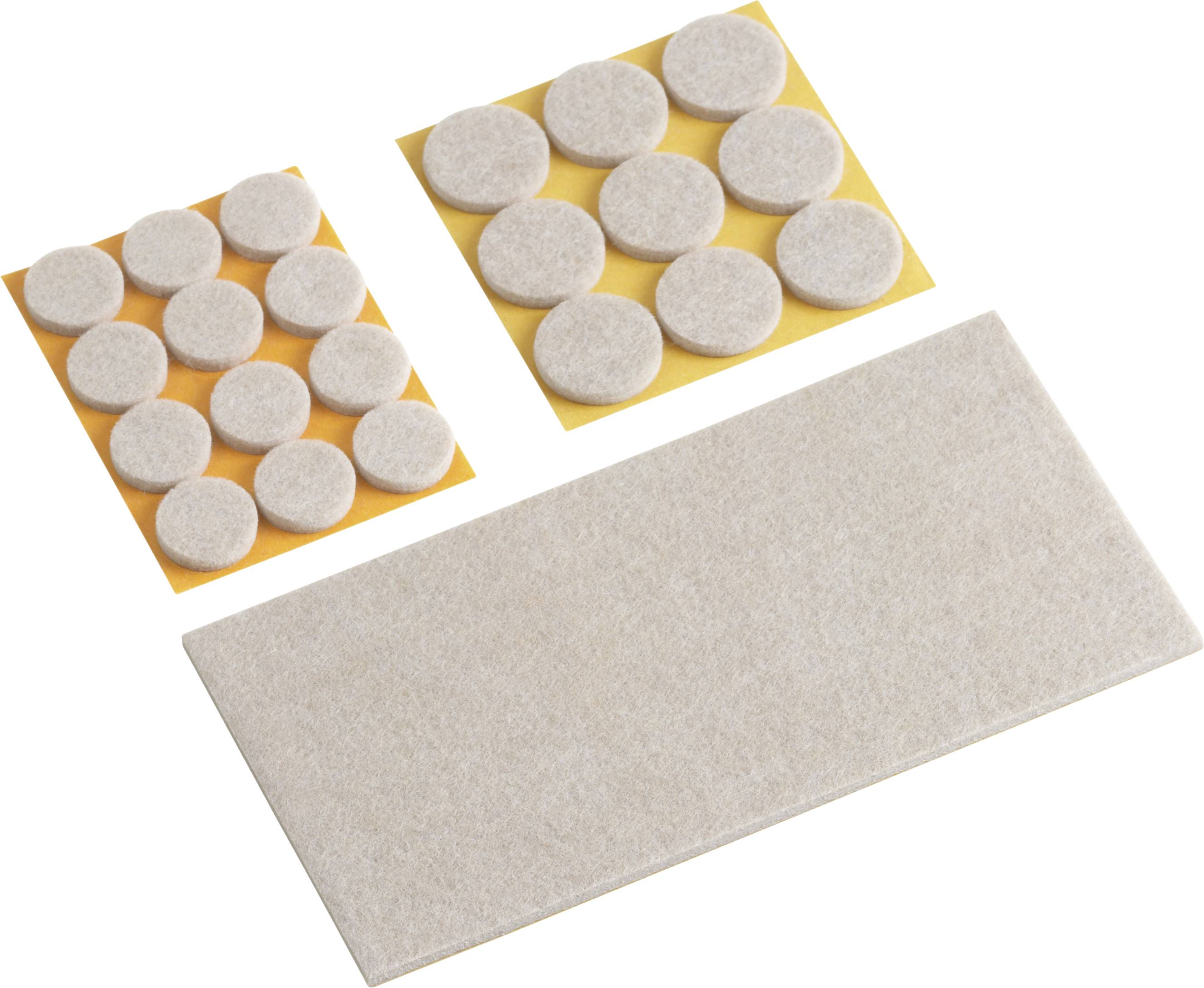 Filcstalpbetét különböző méretekben: kerek matricák két íven és egy téglalap alakú darab, mind bézs színű, sárga hordozópapíron.