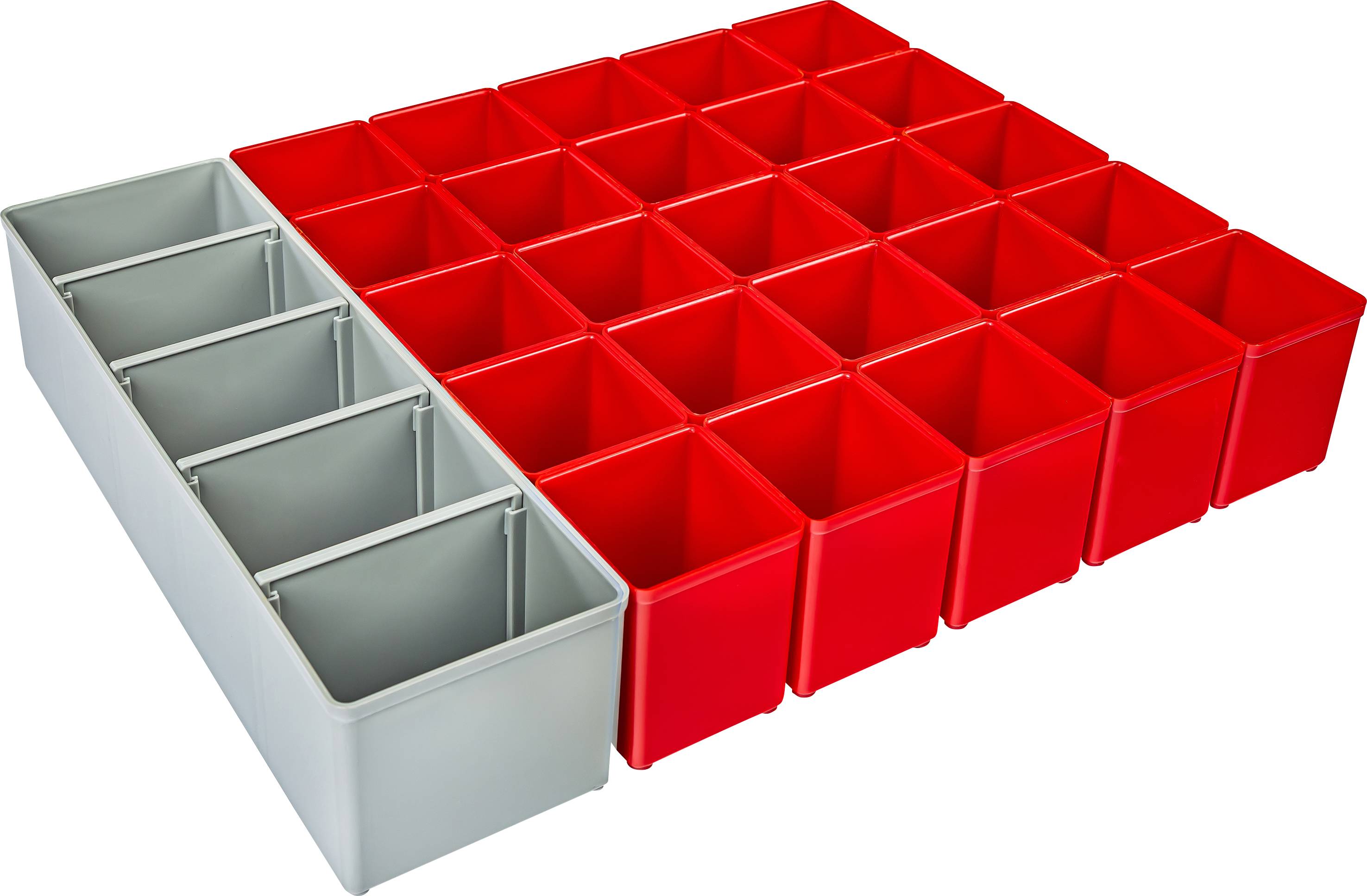 Szürke és piros műanyag tárolók, amelyek téglalap alakú rácsban vannak elrendezve.