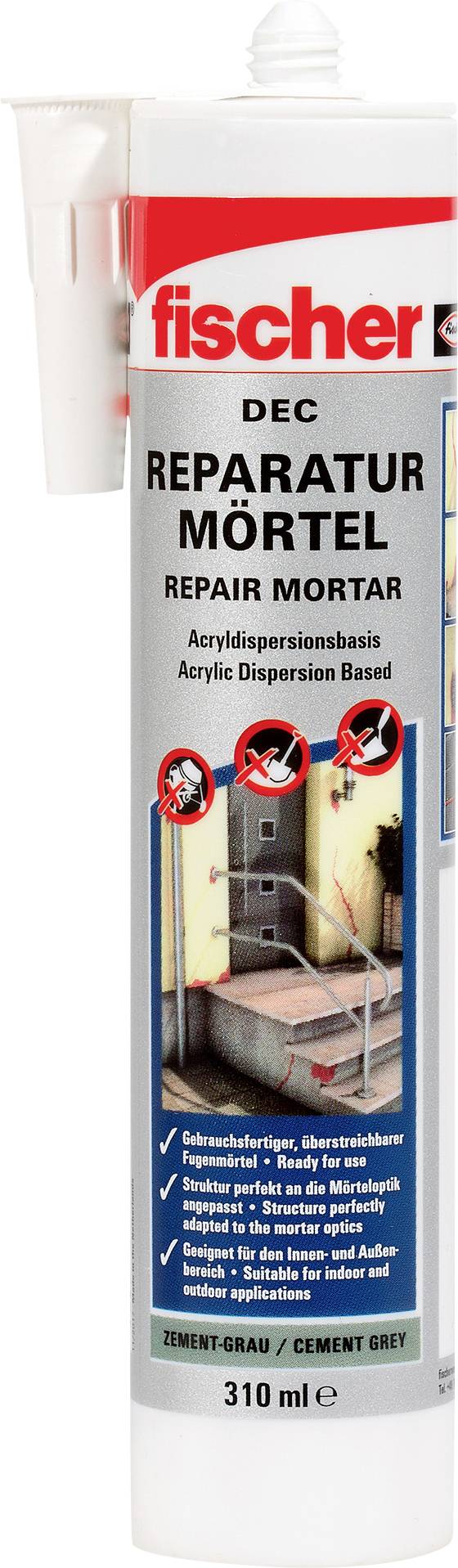 Fischer DEC javítóhabarcs akril diszperzióval, kartus, 310 ml, alkalmazási útmutatóval ellátva építési és javítási munkákhoz.