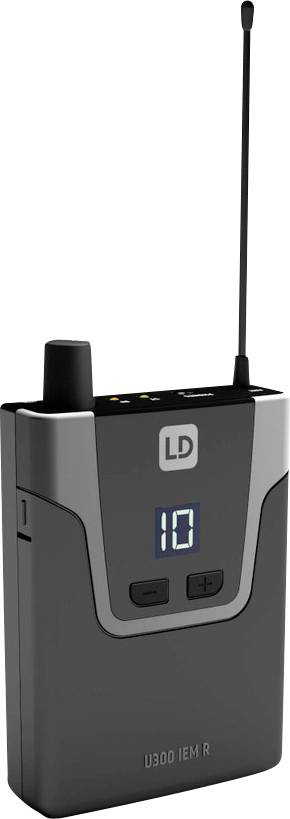 Fekete hordozható rádióvevő digitális kijelzővel és antennával, LD dizájn, U300 IEM R modellszám.