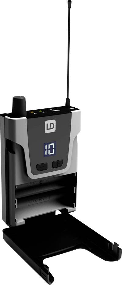 Fekete, hordozható audiokészülék LCD-kijelzővel, '10' felirattal, két antennával és nyitott elemtartóval.