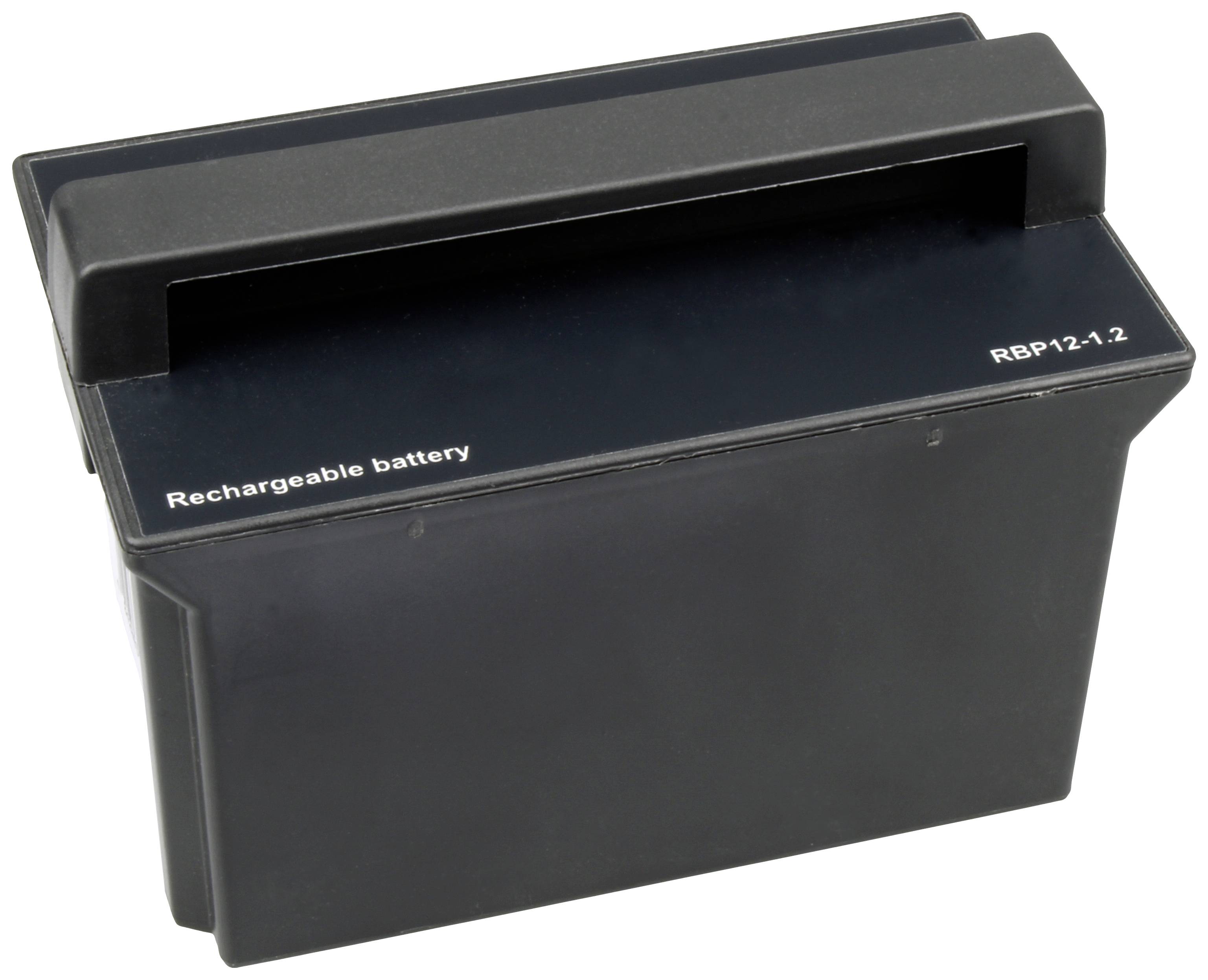 Újratölthető akkumulátor, fekete, téglalap alakú, fehér háttér előtt, az akkumulátoron a 'Rechargeable battery' és az 'RBP12-1.2' jelölésekkel.