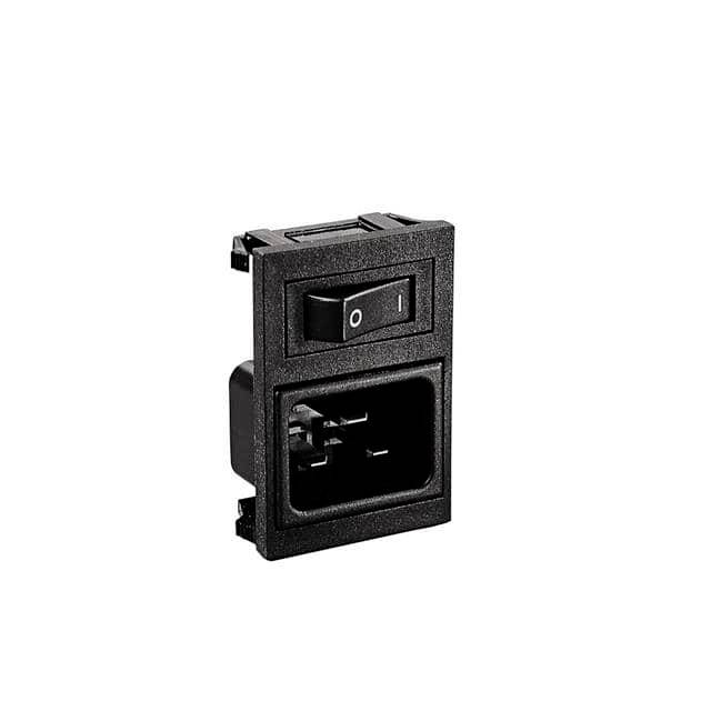 Fekete hálózati kapcsoló beépített hálózati csatlakozóval, billenőkapcsoló 'Ki' állásban. Elektronikus eszközökhöz alkalmas.