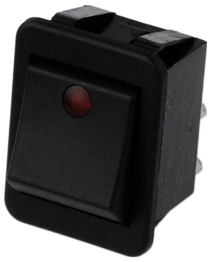 Egy fekete, téglalap alakú elektromos billenőkapcsoló, amelynek a tetejének közepén egy piros jelzőfény van, eszközök áramellátásának vezérlésére tervezve.