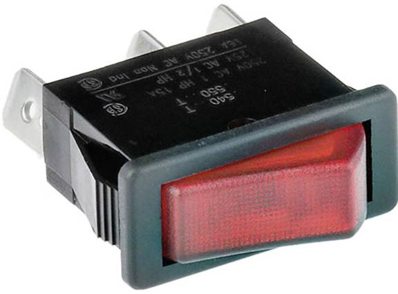 Egy piros téglalap alakú billenőkapcsoló fém érintkezőkkel, amelyet elektronikai eszközökben gyakran használnak be- és kikapcsolásra.