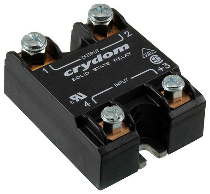 'Solid State Relay (Crydom Series One DR)' fekete házban, amelyen a következő feliratok: 'Control', 'Load', 'Power Supply'. CE és biztonsági minősítéssel.