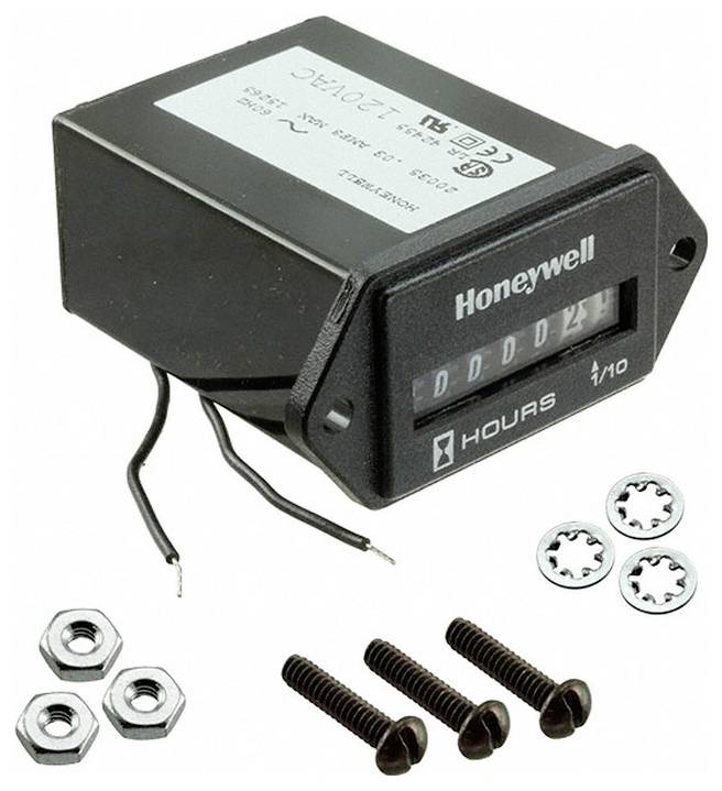 Egy Honeywell óraszámláló, amely „0124" órát mutat. Tartalmaz fekete házat, két vezetéket, három csavart, alátéteket és anyákat a rögzítéshez.