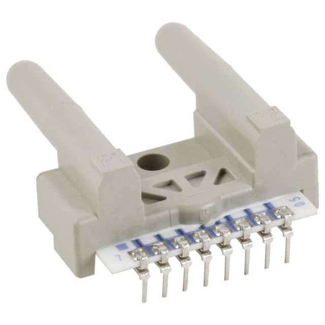 Egy szürke csatlakozó több fémtűvel, amely elektronikai csatlakozásokra alkalmas, fehér háttéren fekszik.
