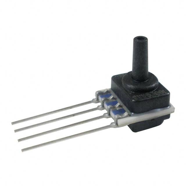 Egy fekete nyomásérzékelő négy fémcsatlakozóval, amelyet elektronikus áramkörökben nyomásváltozások mérésére használnak.
