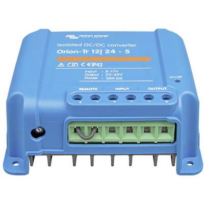 Victron Energy Orion-Tr 12/24-5 szigetelt DC/DC átalakító. Kék doboz bemeneti, kimeneti csatlakozásokkal és műszaki specifikációkkal.