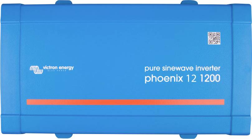 Kék inverter "Victron Energy pure sinewave inverter phoenix 12 1200" felirattal és egy QR-kóddal.