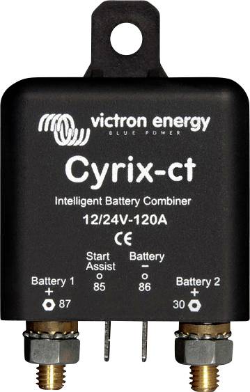 Egy intelligens akkumulátor-összekötő Victron Energy 'Cyrix-ct' típusú, alkalmas 12/24V-120A rendszerekhez. 1-es és 2-es akkumulátorokkal jelölve.