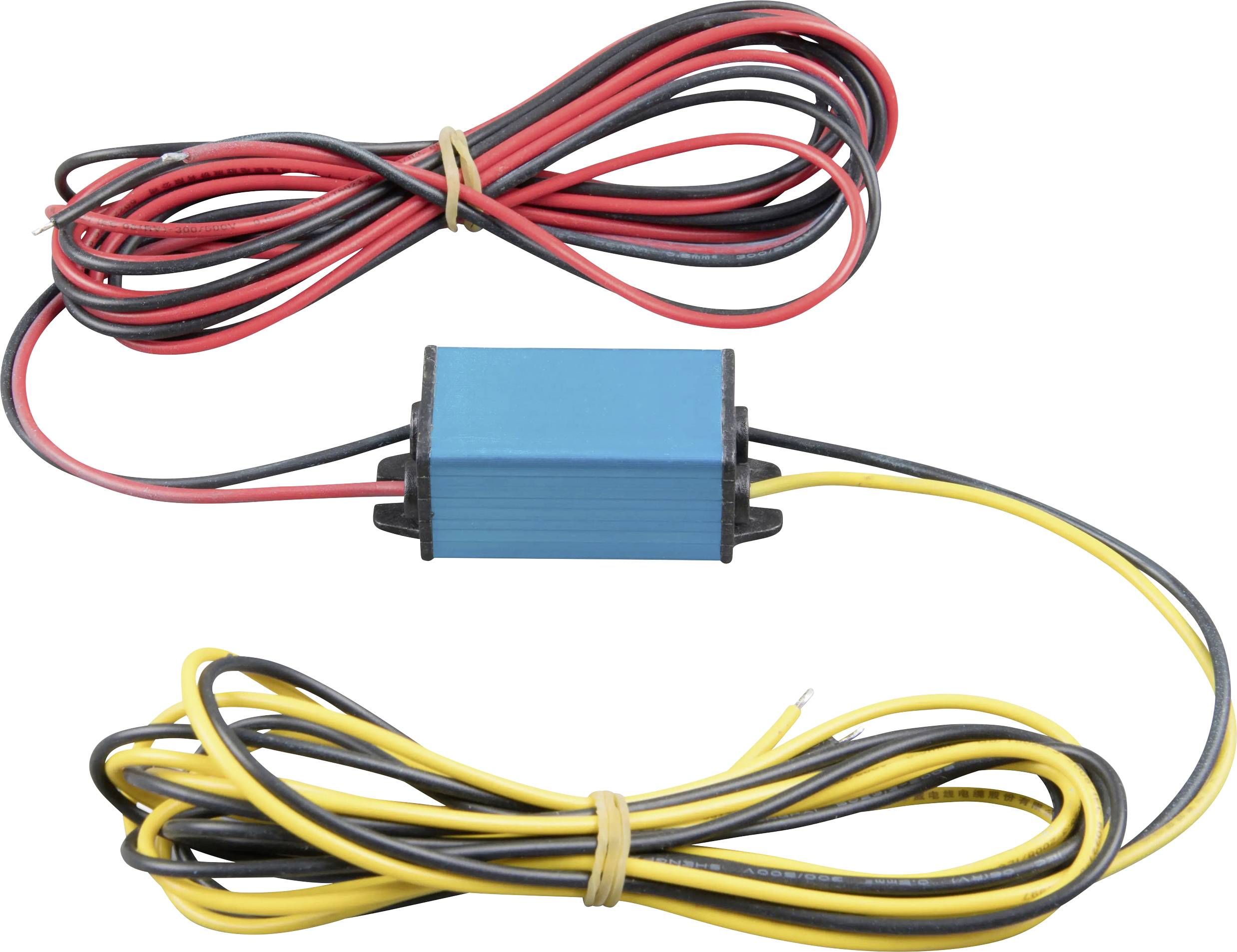 Egy kék téglalap alakú elektromos alkatrész piros, fekete és sárga vezetékekkel.