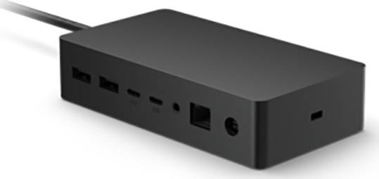 Fekete dokkolóállomás több csatlakozóval, köztük USB, HDMI és Ethernet, eszközök és perifériák csatlakoztatásához.