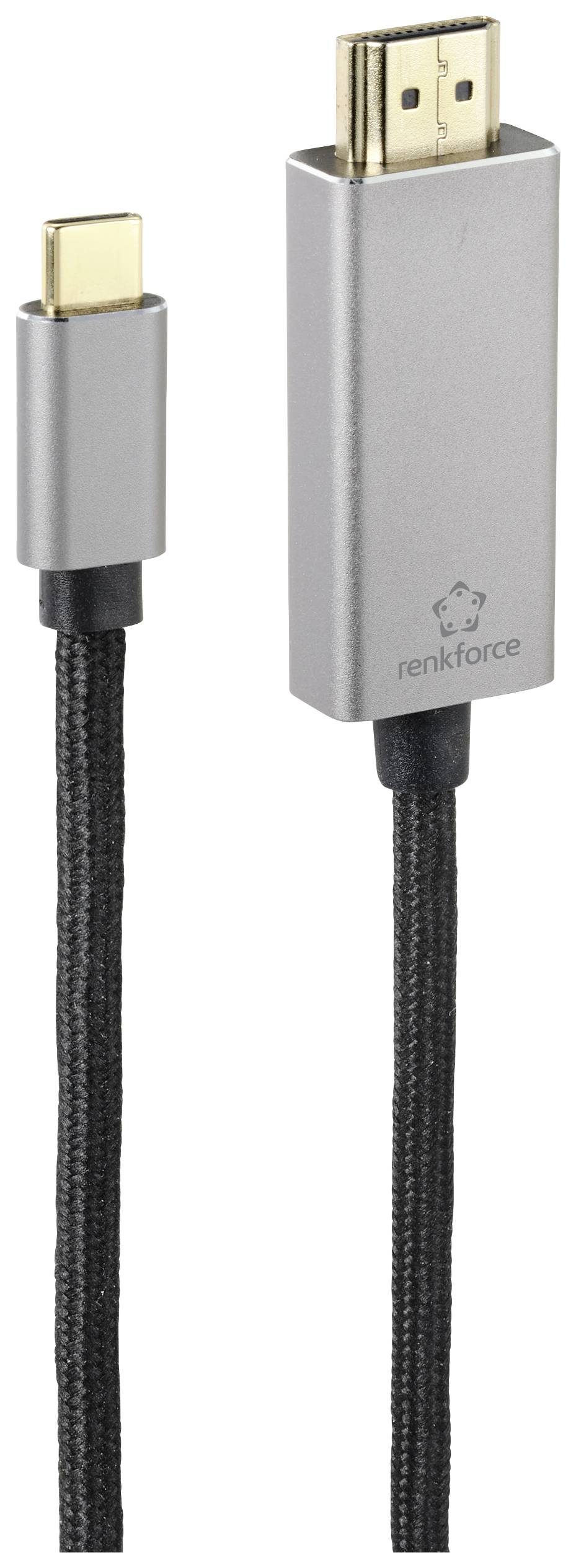 USB-C – HDMI kábel szürke házburkolattal és fekete kábelhüvellyel, különböző csatlakozóval rendelkező eszközök összekapcsolására alkalmas.