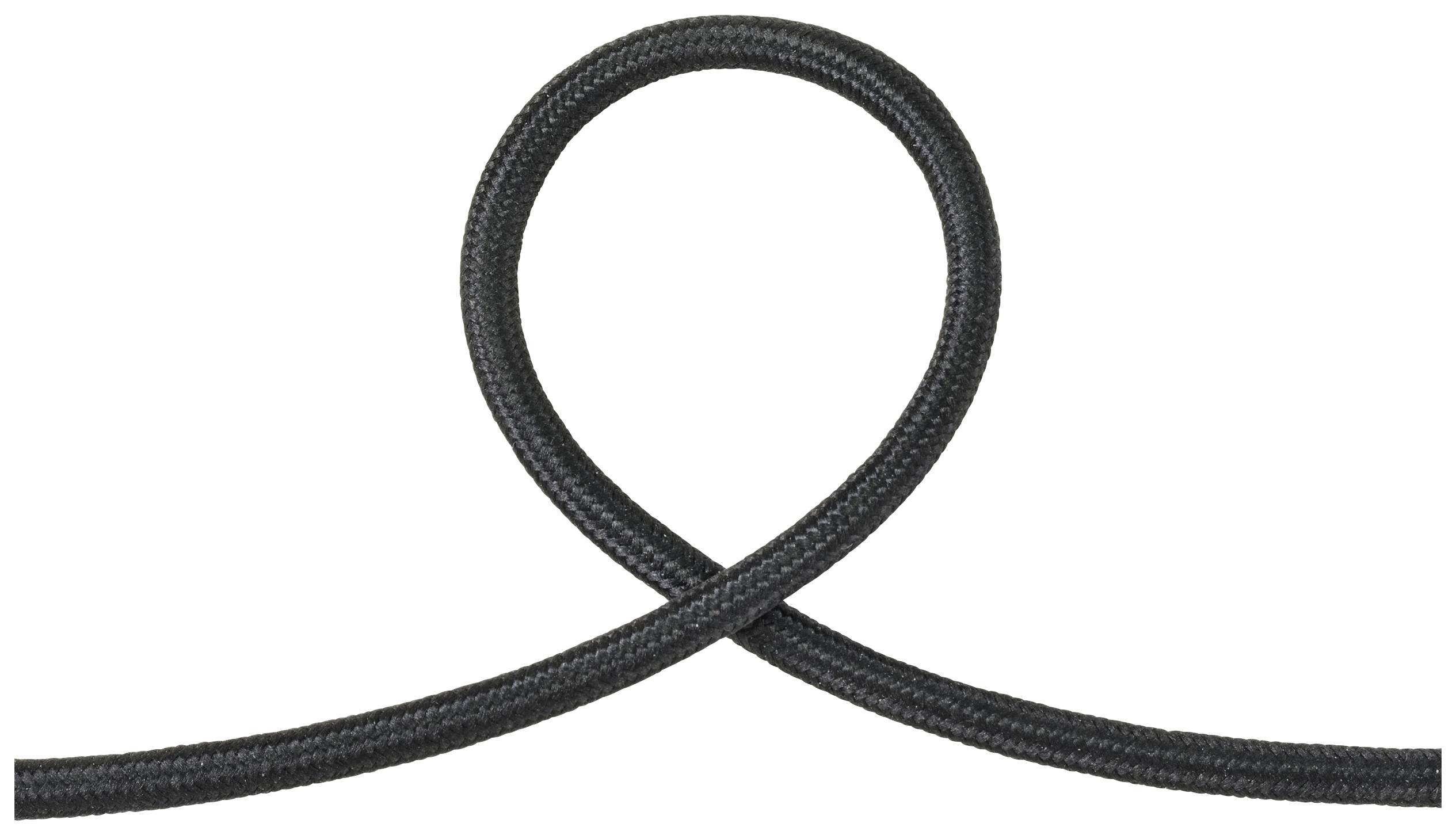 Egy fekete kötél egyszerű hurokformában fehér háttér előtt.