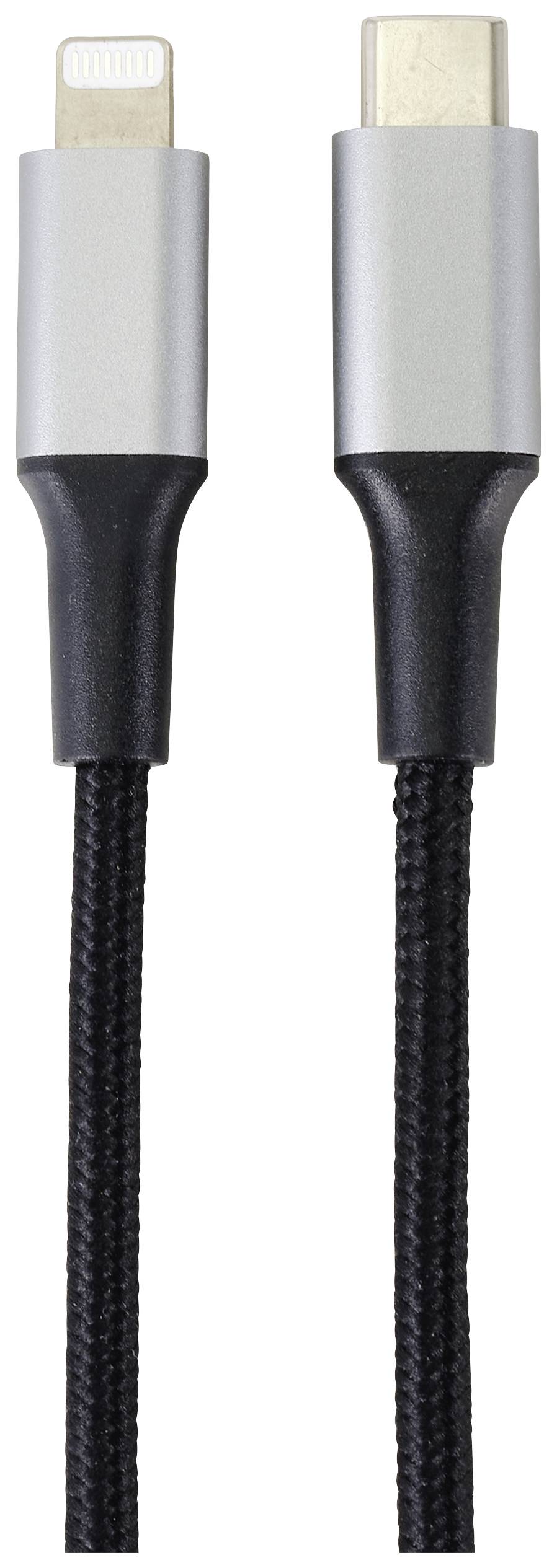 Egy fekete fonott kábel végződik az egyik oldalon egy Lightning-csatlakozóban, a másik oldalon pedig egy USB-C-csatlakozóban.